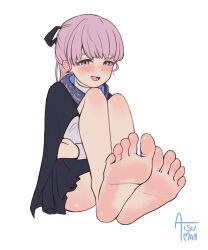  1girl aisuman barefoot blush feet highres hugging_own_legs lapwing_(vrchat) long_hair looking_at_viewer open_mouth purple_eyes soles toes vrchat 