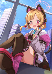 1girl :d absurdres animal_ear_headphones animal_ears ass black_skirt black_thighhighs blue_archive blue_necktie blue_sky blunt_bangs building cat_ear_headphones cat_tail cloud cloudy_sky coat collared_shirt commentary_request fake_animal_ears fake_tail fumi_(fumibeing) hair_ribbon halo handheld_game_console headphones highres holding holding_handheld_game_console indoors knees_together_feet_apart long_sleeves looking_at_viewer momoi_(blue_archive) necktie open_clothes open_coat open_mouth parted_bangs pleated_skirt red_eyes ribbon school_uniform shirt short_hair sidelocks sitting skirt sky skyline skyscraper smile solo suspender_skirt suspenders tail thighhighs tress_ribbon v-shaped_eyebrows white_coat white_shirt window zettai_ryouiki rating:Sensitive score:5 user:danbooru