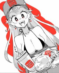 +_+ 1girl andrewcockroach bare_shoulders baseball_cap bikini blush_stickers breasts burger_king cleavage commentary cup disposable_cup drinking_straw dutch_angle earrings english_commentary fast_food food food_wrapper french_fries front-tie_bikini_top front-tie_top greyscale_with_colored_background hat highres holding holding_tray jewelry large_breasts long_hair looking_at_viewer micro_bikini open_mouth original smile solo swimsuit tray upper_body very_long_hair 