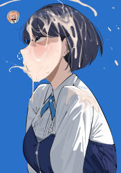  2girls after_fellatio azabu_mai blue_background blue_eyes blush collared_shirt commentary cum cum_on_body cum_on_clothes cum_on_hair facial highres ikizulive!_love_live!_bluebird implied_futanari love_live! multiple_girls okpriko rolling_eyes school_uniform shirt simple_background takahashi_polka upper_body white_shirt  rating:Explicit score:18 user:danbooru