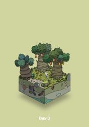 animal boulder commentary_request diorama food fruit gozz green_background highres holding holding_stick isometric lizard moss original plant poking stick tree rating:General score:0 user:danbooru