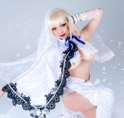  1girl asian blonde_hair breasts bride cosplay cosplay_photo crop_top emilie_de_rochefort emilie_de_rochefort_(cosplay) enmyo_cos falling_petals highres large_breasts long_hair looking_at_viewer petals photo_(medium) real_life sleeveless tekken tekken_6 thighs underboob 