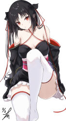  absurdres bare_shoulders black_hair black_kimono commentary_request hair_ribbon highres japanese_clothes kimono kimono_skirt long_hair looking_at_viewer machine-doll_wa_kizutsukanai obi red_eyes ribbon sash short_kimono short_yukata simple_background takumi_munato thighhighs white_thighhighs yaya_(machine-doll) yukata 