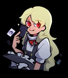  100th_black_market 1girl ability_card_(touhou) black_background black_hat black_vest blonde_hair bow bowtie buttons card cropped_torso hat hat_bow highres holding holding_card iganashi1 kirisame_marisa long_hair looking_at_viewer mini-hakkero multicolored_buttons puffy_short_sleeves puffy_sleeves red_bow red_bowtie red_eyes shirt shirt_bow short_sleeves simple_background smile solo sparkle touhou turtleneck unworn_hat unworn_headwear upper_body vest white_bow white_shirt witch_hat yin_yang 