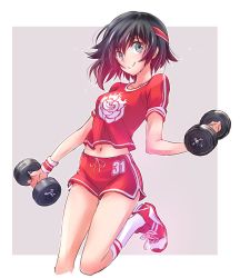  1girl dolphin_shorts dumbbell exercising female_focus gradient_hair grey_eyes gym_shorts gym_uniform highres iesupa multicolored_hair navel red_hair ruby_rose rwby shoes short_hair short_shorts shorts sneakers socks solo sweat two-tone_hair weightlifting weights  rating:Sensitive score:23 user:danbooru
