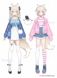  2girls animal_ear_fluff animal_ears asymmetrical_legwear blue_camisole blue_eyes blue_jacket blue_nails blue_shirt blue_skirt blush braid breasts camisole dog_ears dog_tail french_braid frilled_shirt frills full_body fuwawa_abyssgard fuwawa_abyssgard_(casual) highres hololive hololive_english hood hooded_jacket icomochi jacket large_breasts long_hair mococo_abyssgard mococo_abyssgard_(casual) multicolored_hair multiple_girls official_art perroccino_(fuwamoco) pink_eyes pink_jacket pink_socks shirt short_hair siblings sisters skirt socks striped_clothes striped_socks tail thighhighs twins two-tone_hair two-tone_socks two_side_up virtual_youtuber white_shirt white_skirt white_thighhighs yellow_tail 