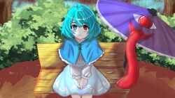 1girl absurdres ahoge bench blue_capelet blue_eyes blue_hair blue_skirt blush burukyun capelet closed_mouth commentary english_commentary heterochromia highres long_sleeves looking_at_viewer outdoors purple_umbrella red_eyes shirt short_hair sitting skirt solo tatara_kogasa tongue touhou umbrella white_shirt wild_and_horned_hermit 