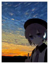 1girl beret black_hat black_sleeves closed_mouth collared_shirt dark double-parted_bangs expressionless hair_between_eyes hat headset highres jitome long_sleeves looking_at_viewer necktie outdoors outside_border purple_eyes purple_hair purple_necktie screwuntoo shirt short_hair sky utane_uta utau v very_short_hair white_shirt 