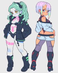  2girls asymmetrical_hair bare_shoulders black_bra black_footwear black_hairband black_jacket black_leotard black_panties blue_hair boots bra breasts closed_mouth colored_sclera colored_skin cropped_jacket cyberpunk_(series) cyberpunk_edgerunners green_eyes green_hair grey_background grin hairband hands_in_pockets headgear high_heel_boots high_heels jacket leg_tattoo leotard long_hair long_sleeves looking_at_viewer looking_back lucy_(cyberpunk) multicolored_hair multiple_girls multiple_views open_clothes open_jacket panties pink_hair rebecca_(cyberpunk) red_pupils red_sclera simple_background slammo small_breasts smile standing stomach_tattoo tattoo twintails underwear white_jacket white_skin  rating:Sensitive score:46 user:danbooru