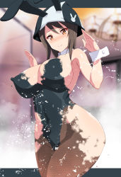 1girl absurdres animal_ears armpit_peek blurry blurry_background bodypaint breasts brown_eyes brown_hair chandelier cleavage closed_mouth commentary_request completely_nude detached_collar girls_und_panzer highres indoors leotard letterboxed looking_at_viewer mika_(girls_und_panzer) nakamura_yukitoshi navel nipples nude painted_clothes playboy_bunny rabbit_ears rabbit_pose smile solo standing stomach thighs tulip_hat wrist_cuffs rating:Questionable score:40 user:danbooru