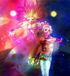  1990s_(style) blonde_hair cape claws colored_skin cotton_candy_(artist) elbow_gloves final_fantasy final_fantasy_vi gloves hair_ornament long_hair pantyhose pink_hair pink_skin ponytail purple_eyes ribbon sash tina_branford trance_terra_branford 