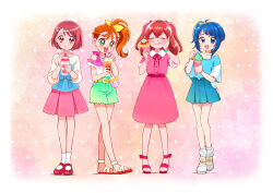 4girls :q belt blouse blue_eyes blue_hair blue_shirt blue_skirt bob_cut bow bubble_tea casual closed_eyes closed_mouth collared_dress commentary cup cut_bangs delicious_party_precure dress eating facing_viewer flower food frilled_shirt frills green_eyes green_shorts hair_bow hair_flower hair_ornament hair_ribbon hairclip hanadera_nodoka hand_on_own_face healin&#039;_good_precure hirogaru_sky!_precure holding holding_cup holding_food holding_ice_cream_cone holding_spoon ice_cream ice_cream_cone jewelry kyanos_(b_0000ff) licking_lips long_sleeves looking_at_viewer mary_janes medium_dress medium_hair medium_skirt miniskirt mirage_pen multiple_girls nagomi_yui natsuumi_manatsu neck_ribbon necklace off-shoulder_shirt off_shoulder open_mouth orange_belt orange_hair parfait pink_dress pink_eyes pink_hair pink_ribbon pink_shirt pink_skirt pleated_skirt pouch precure raglan_sleeves red_ribbon red_sandals red_shoes ribbon ring sandals shell shell_necklace shirt shoes short_hair short_shorts short_sleeves shorts side_ponytail single_sidelock skirt skort smile sneakers socks sora_harewataru spoon standing standing_on_one_leg sundae t-shirt toes_up tongue tongue_out tropical-rouge!_precure two-tone_shirt two_side_up watch white_sandals white_shirt white_socks wristwatch yellow_bow yellow_ribbon yellow_shoes rating:General score:3 user:danbooru
