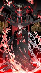  1boy akimitsu-dono ashiya_douman_(fate) ashiya_douman_(third_ascension)_(fate) asymmetrical_hair bell black_hair closed_eyes curly_hair earrings fate/grand_order fate_(series) fire hair_bell hair_between_eyes hair_intakes hair_ornament heian highres japanese_clothes jewelry long_hair magatama magatama_earrings male_focus multicolored_hair official_alternate_costume onmyouji open_clothes sakura_(skr_i) shikigami solo_focus toned toned_male two-tone_hair very_long_hair white_hair 