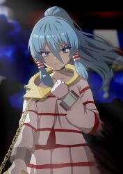  &gt;:( 1girl absurdres blue_eyes blue_hair blurry blurry_background chain closed_mouth cowboy_shot cuffs foul_detective_satori gloves hair_ornament hair_tubes handcuffs high_ponytail highres jacket long_hair looking_at_viewer lunalunachild miyadeguchi_mizuchi ponytail prison_clothes shackles shirt skirt skull_hair_ornament solo striped_clothes striped_jacket striped_skirt touhou v-shaped_eyebrows white_gloves 