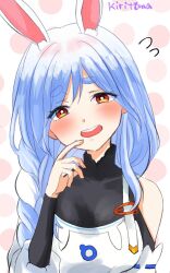  1girl :d animal_ear_fluff animal_ears bare_shoulders blue_hair braid breasts commentary_request dress flying_sweatdrops hand_up head_tilt highres hololive kiritoma large_breasts long_hair long_sleeves multicolored_hair open_mouth pekomama rabbit_ears red_eyes short_eyebrows signature single_braid smile solo teeth thick_eyebrows two-tone_hair upper_teeth_only virtual_youtuber white_dress white_hair 