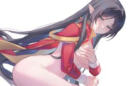  1girl adele_(maplestory) arms_across_body black_eyes black_hair breasts cape chinese_commentary closed_mouth commentary_request covering_breasts covering_privates expressionless from_side half-closed_eyes highres invisible_chair kaedetou large_breasts long_hair long_sleeves maplestory naked_cape navel pointy_ears red_cape simple_background sitting solo very_long_hair white_background 