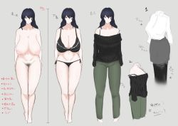  1girl bags_under_eyes black_hair bra breasts reference_sheet concept_art fujou_joshi huge_breasts large_areolae long_hair mole mole_under_mouth multiple_views nipples panties sagging_breasts standing sweater tired underwear  rating:Questionable score:85 user:cheezeit