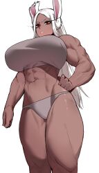  1girl abs animal_ears bare_shoulders boku_no_hero_academia breasts dark-skinned_female dark_skin grey_panties grey_sports_bra hand_on_own_hip highres huge_breasts long_eyelashes long_hair looking_at_viewer mirko muscular muscular_female navel panties parted_bangs parted_lips rabbit_ears rabbit_girl red_eyes simple_background solo soolee040995 sports_bra stomach thick_thighs thighs underwear v-shaped_eyebrows very_long_hair white_background white_hair 