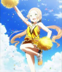  10s 1girl blonde_hair cheerleader cloud eyepatch female_focus green_eyes highres inubouzaki_fuu long_hair open_mouth pleated_skirt pom_pom_(cheerleading) skirt sky solo standing standing_on_one_leg twintails yuuki_yuuna_wa_yuusha_de_aru yuusha_de_aru  rating:Sensitive score:2 user:Werepuppy