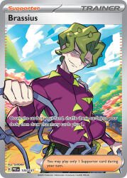  1boy artist_name blue_sky brassius_(pokemon) card_(medium) character_name closed_mouth cloud company_name copyright_name copyright_notice day english_text green_hair grey_eyes holding holding_whip king_gidora long_sleeves male_focus mountainous_horizon nintendo official_art outdoors pokemon pokemon_card pokemon_sv pokemon_tcg purple_shirt shirt short_hair sky smile third-party_source trading_card 