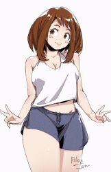 1girl :p artist_name bare_shoulders blush_stickers boku_no_hero_academia breasts brown_eyes brown_hair cleavage cowboy_shot double_v large_breasts looking_to_the_side relaxjon short_hair shorts solo tank_top tongue tongue_out uraraka_ochaco v white_background white_tank_top 