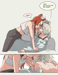  2girls bare_arms black_hair blue_eyes blue_hair blush cecilia_immergreen commentary crop_top dress english_text fongban_illust grey_dress grey_pants hakos_baelz hand_on_another&#039;s_shoulder highres hololive hololive_english kiss long_hair multicolored_hair multiple_girls off-shoulder_dress off_shoulder pants parted_lips red_eyes red_hair speech_bubble streaked_hair sweat symbol-only_commentary tank_top virtual_youtuber white_hair white_tank_top winding_key yuri 