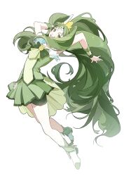  1girl absurdres ankle_cuffs arms_behind_head ascot bag_bow boots bow bowtie brooch circlet commentary_request cure_march feather-trimmed_sleeves footwear_ribbon full_body gold_tiara green_ascot green_bow green_bowtie green_eyes green_hair green_ribbon green_shirt green_shorts green_skirt green_wrist_cuffs hair_ornament happy high_heel_boots high_heels highres jewelry jumping leaning_back long_hair magical_girl midorikawa_nao miniskirt morgue_(southsakura) open_mouth pink_bow pleated_skirt precure ribbon shirt short_sleeves shorts shorts_under_skirt simple_background single_stripe skirt smile smile_precure! solo striped_bow tiara train_(clothing) very_long_hair waist_bag white_arm_warmers white_background white_bag white_boots white_sleeves wing_hair_ornament wrist_cuffs 