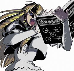  1girl blonde_hair blue_eyes book dress drill_hair floating_hair frilled_sleeves frills hands_up highres holding holding_book jewelry konjiki_no_gash!! layered_sleeves long_hair long_sleeves magic open_mouth ozaki_(tsukiko3) parted_bangs puffy_short_sleeves puffy_sleeves ring round_teeth shadow sherry_belmont short_over_long_sleeves short_sleeves simple_background solo teeth upper_body upper_teeth_only white_background white_dress  rating:General score:5 user:danbooru