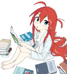  1girl ahoge barefoot blue_eyes book highres hipa_(some1else45) long_hair original red_hair shirt solo some1else45  rating:Questionable score:10 user:danbooru