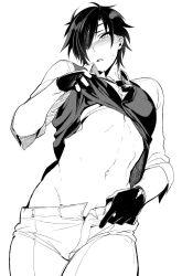 10s 1boy black_gloves blush clothes_lift gloves greyscale hair_over_one_eye insitsukun male_focus monochrome navel necktie pectorals shirt_lift shokudaikiri_mitsutada simple_background solo sweatdrop touken_ranbu unzipped vest waistcoat white_background rating:Questionable score:12 user:danbooru