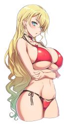 10s 1girl bikini blonde_hair blue_eyes blush breast_hold breasts choker claire_harvey covered_erect_nipples crossed_arms earrings female_focus groin highres huge_breasts hundred_(light_novel) jewelry long_hair looking_at_viewer navel ookuma_nekosuke open_mouth red_bikini shiny_skin side-tie_bikini_bottom simple_background solo swimsuit thighs underwear wide_hips rating:Questionable score:235 user:Shadnic