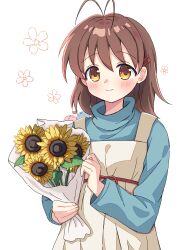  1girl absurdres antenna_hair apron blue_sweater blush bouquet brown_eyes brown_hair clannad commentary dango_daikazoku flower furukawa_nagisa hair_ornament hairclip heart highres holding holding_bouquet looking_at_viewer medium_hair setteiset smile solo sunflower sweater turtleneck turtleneck_sweater white_background 