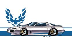  94eliasdesign car commentary english_commentary from_side glint grey_car highres motor_vehicle muscle_car no_humans original pontiac pontiac_firebird pontiac_firebird_trans_am redesign signature spoiler_(automobile) vehicle_focus white_background 