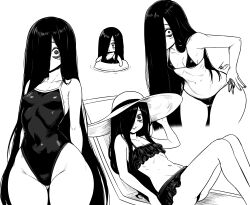  1girl bikini breasts greyscale groin hair_over_one_eye hat highres innertube large_breasts long_hair looking_at_viewer lughost monochrome navel one-piece_swimsuit stomach sun_hat swim_ring swimsuit the_ring water yamamura_sadako 