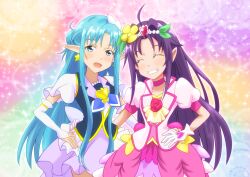  asukamama89 asuna_(sao) blush choker closed_eyes collarbone commentary_request cosplay cure_fortune cure_fortune_(cosplay) cure_grace cure_grace_(cosplay) dress grin hand_on_own_hip happinesscharge_precure! headband healin&#039;_good_precure highres long_hair pink_dress precure purple_hair smile sparkle sword_art_online tomatsu_haruka voice_actor_connection yuuki_(sao) yuuki_aoi 