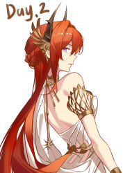  1girl absurdres ambience_synesthesia arknights bare_back bare_shoulders bracelet braid brown_horns chinese_commentary commentary_request dress gold highres horns jewelry long_hair looking_at_viewer official_alternate_costume parted_lips profile purple_eyes red_hair sikadi_shigaoshou simple_background solo surtr_(arknights) white_background white_dress 