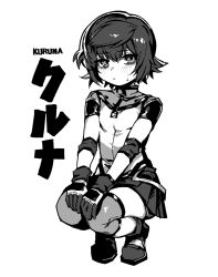  1girl belt bike_shorts black_socks blush bob_cut bodysuit boots breasts character_name closed_mouth elbow_gloves english_text frown full_body gloves greyscale hair_between_eyes highres knee_pads kneeling kuruna_(hepari) looking_at_viewer medium_hair miniskirt monochrome original pleated_skirt princess_blitz shirt shoes short_hair short_shorts short_sleeves shorts simple_background sitting skirt sleeveless small_breasts socks solo squatting thighhighs vertigris white_background zettai_ryouiki  rating:General score:8 user:floretto00
