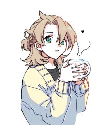  1boy 2hands1cup albedo_(genshin_impact) alternate_costume aqua_eyes black_shirt commentary cup genshin_impact gs_bf96 hands_up heart holding holding_cup light_brown_hair looking_at_viewer male_focus medium_hair messy_hair ponytail shirt sidelocks simple_background solo steam sweater white_background yellow_sweater 