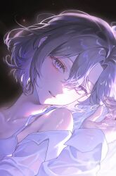  1girl collarbone eyelashes fingernails ha_yoojin hair_between_eyes highres long_sleeves looking_at_viewer lying medium_hair open_hand original parted_lips purple_eyes purple_hair solo water water_drop 
