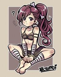  1girl ? anklet arms_between_legs artist_name bandaged_arm bandaged_leg bandages bead_anklet bead_bracelet beads bone_hair_ornament bracelet choker closed_mouth collarbone female_focus full_body hair_ornament jewelry knees_apart_feet_together long_hair looking_at_viewer navel octoppoi original paid_reward_available purple_eyes red_hair sitting solo thighs tribal white_choker 