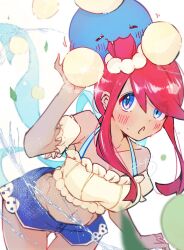  1girl bikini bikini_under_clothes blue_eyes blue_shorts blush breasts collarbone crop_top cynthia_(pokemon) cynthia_(summer_2025)_(pokemon) denim denim_shorts gen_2_pokemon hair_ornament highres jumpluff looking_at_viewer midriff navel nintendo nirugiri_(nirgy) off-shoulder_shirt off_shoulder official_alternate_costume one_side_up open_mouth pokemon pokemon_(creature) pokemon_masters_ex red_hair shirt shorts sidelocks skyla_(pokemon) skyla_(summer_2025)_(pokemon) sweat sweatdrop swimsuit 
