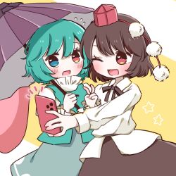  2girls ;d absurdres black_hair black_skirt blue_eyes blue_hair blue_skirt blue_vest commentary flying_sweatdrops hat heart heart-shaped_pupils heterochromia highres holding holding_phone holding_umbrella karakasa_obake multiple_girls one_eye_closed open_mouth phone pom_pom_(clothes) purple_umbrella red_eyes red_hat salt_(seasoning) shameimaru_aya shirt short_hair skirt smile star_(symbol) symbol-shaped_pupils taking_picture tatara_kogasa tokin_hat touhou umbrella v vest white_shirt 