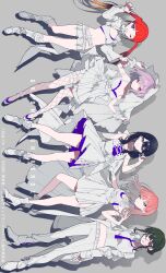  5girls black_hair breasts character_request cleavage cleavage_cutout clothing_cutout copyright_name dress english_text fishnets full_body green_eyes grey_background gridman_universe gridman_universe_(movie) highres idol large_breasts long_hair medium_breasts medium_hair mochizuki_kei multicolored_hair multiple_girls pink_eyes pink_hair pleated_dress purple_hair red_eyes red_hair short_shorts shorts simple_background small_breasts white_dress 