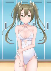  1girl absurdres breasts casual_one-piece_swimsuit choker cosplay cross-laced_clothes cross-laced_one-piece_swimsuit frilled_one-piece_swimsuit frills green_eyes green_hair gucchi_(gucchi_zuizui) hair_ribbon highleg highleg_one-piece_swimsuit highres indoors kantai_collection long_hair medium_breasts o-ring o-ring_swimsuit one-piece_swimsuit ribbon sagiri_(kancolle) sagiri_(kancolle)_(cosplay) sagiri_(swimsuit)_(kancolle) side-tie_swimsuit solo standing swimsuit twintails very_long_hair white_choker white_one-piece_swimsuit white_ribbon zuikaku_(kancolle) 