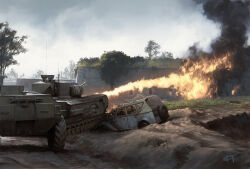  armored_personnel_carrier armored_vehicle battle broken bunker bush car caterpillar_tracks churchill_(tank) churchill_crocodile crater darren_tan day dead_plants fire flamethrower military_vehicle motor_vehicle no_humans original scenery smoke tank tree vehicle_request weapon world_war_ii 