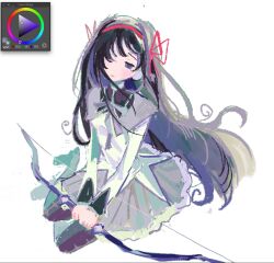  1girl akemi_homura akemi_homura_(magical_girl) art_program_in_frame black_hair black_pantyhose bow_(weapon) ch3cake color_wheel commentary english_commentary expressionless hair_over_one_eye hair_ribbon highres holding holding_bow_(weapon) holding_weapon long_hair magical_girl mahou_shoujo_madoka_magica mahou_shoujo_madoka_magica_(anime) pantyhose purple_eyes purple_skirt red_ribbon ribbon simple_background skirt solo weapon white_background 