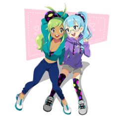  2girls :d absurdres antenna_hair aqua-framed_eyewear aqua_hat aqua_hoodie arm_up artist_name baseball_cap black_tank_top blue_hair blue_pants breasts cleavage cropped_hoodie dark-skinned_female dark_skin denim drawstring full_body glasses green_eyes green_hair grey_eyes grey_shoes grey_shorts hand_on_another&#039;s_hand hand_on_floor hand_on_own_hat hand_up happy hat high_side_ponytail highres hood hood_down hoodie jeans large_breasts long_hair long_sleeves midriff multiple_girls nashirasauce navel open_mouth original pants pink_background playing_with_own_hair polka_dot polka_dot_thighhighs print_hat print_scrunchie print_tank_top purple_hoodie scrunchie semi-rimless_eyewear shoes shorts sitting small_breasts smile sneakers tank_top teeth thighhighs under-rim_eyewear upper_teeth_only white_background zipper zipper_pull_tab 