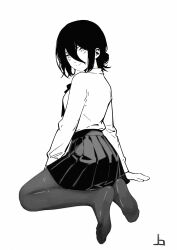  1girl absurdres chainsaw_man collared_shirt greyscale hair_between_eyes hair_bun highres joadv looking_at_viewer looking_back monochrome pantyhose pleated_skirt reze_(chainsaw_man) school_uniform shirt skirt solo 