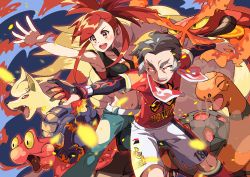 1boy 1girl absurdres age_difference armpits blush centiskorch collarbone commentary_request eyelashes fire flannery_(pokemon) gen_1_pokemon gen_2_pokemon gen_3_pokemon gen_8_pokemon gloves grey_hair hair_tie highres kabu_(pokemon) long_hair magcargo navel ninetales nintendo open_mouth outstretched_arm pants partially_fingerless_gloves pokemon pokemon_(creature) pokemon_oras pokemon_swsh pon_yui red_hair shirt shorts single_glove spread_fingers teeth tongue torkoal v-shaped_eyebrows  rating:Sensitive score:7 user:danbooru