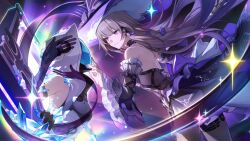  2girls absurdres arm_belt backless_dress backless_outfit bad_link bare_shoulders black_choker black_dress black_shirt bow breasts choker crystal detached_sleeves dress frilled_sleeves frills game_cg grey_hair grin hair_bow hair_ornament hand_on_another&#039;s_face hat herta_(honkai:_star_rail) highres honkai:_star_rail honkai_(series) hood hood_up long_hair medium_breasts messenger_(honkai:_star_rail) mirror multiple_girls nail_polish official_art pantyhose parted_lips purple_eyes purple_hat shirt smile sparkle the_herta_(honkai:_star_rail) through_medium through_mirror very_long_hair white_hood witch_hat x_hair_ornament 